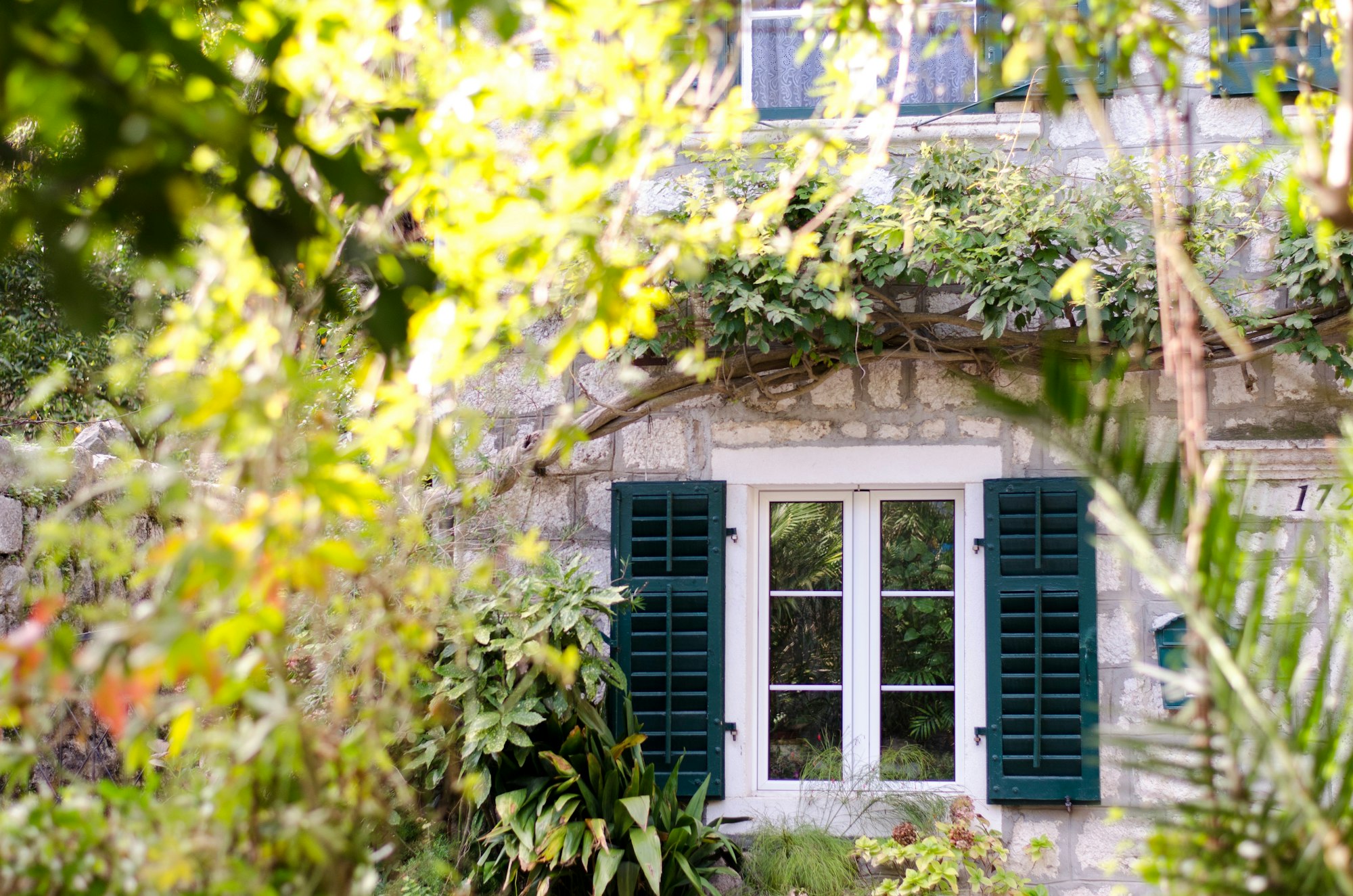 Old house view through autumn leaves. Fall in Europe. Travel.